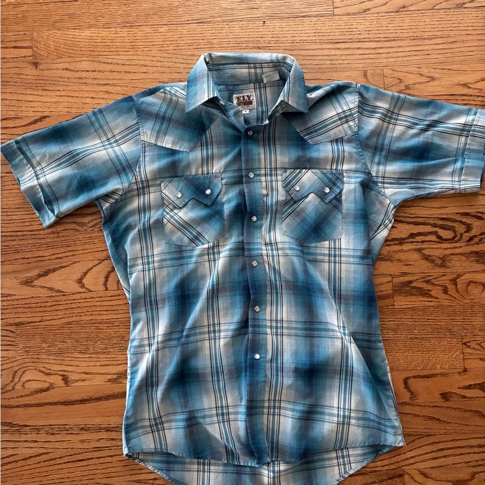 Ely Cattleman Blue and White Plaid Button Down Shirt